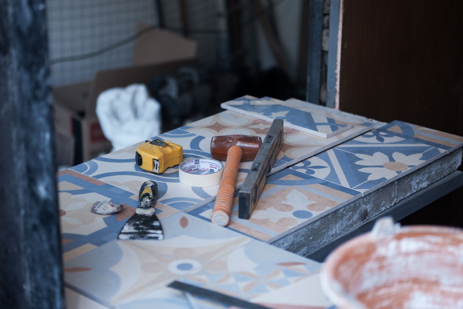 Tiling tools and tile laid out ready for work